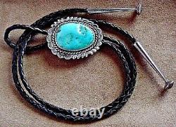 Vintage Signed Old Pawn Navajo Sterling Silver Large Natural Turquoise Bolo Tie