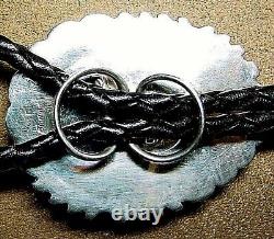 Vintage Signed Old Pawn Navajo Sterling Silver Large Natural Turquoise Bolo Tie