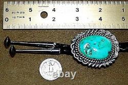 Vintage Signed Old Pawn Navajo Sterling Silver Large Natural Turquoise Bolo Tie