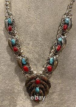 Vintage Silver Turquoise and Coral Squash Blossom Necklace