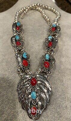 Vintage Silver Turquoise and Coral Squash Blossom Necklace