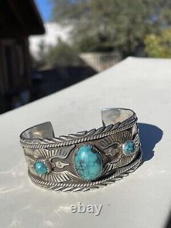 Vintage Sterling Heavy Cuff Spiderweb Turquoise & Peyote Bird Overlay, Signed