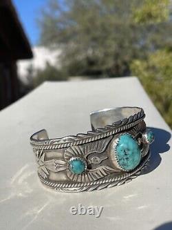 Vintage Sterling Heavy Cuff Spiderweb Turquoise & Peyote Bird Overlay, Signed