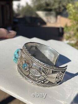 Vintage Sterling Heavy Cuff Spiderweb Turquoise & Peyote Bird Overlay, Signed