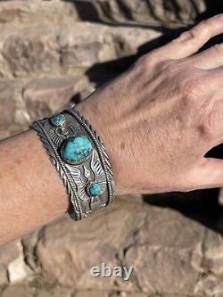 Vintage Sterling Heavy Cuff Spiderweb Turquoise & Peyote Bird Overlay, Signed