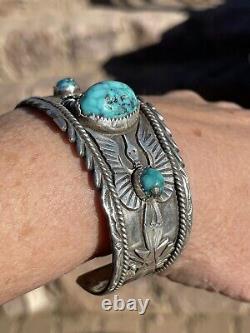 Vintage Sterling Heavy Cuff Spiderweb Turquoise & Peyote Bird Overlay, Signed