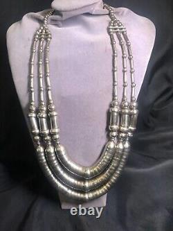 Vintage Sterling Silver Native American Navajo Barrel Beaded 3 Strand Necklace