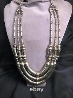 Vintage Sterling Silver Native American Navajo Barrel Beaded 3 Strand Necklace