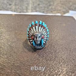 Vintage Sterling Silver Navajo Indian Turquoise Coral Pearl Chief Head Ring 9.25