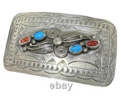 Vintage Sterling Silver Navajo L ELTHE Turquoise and Coral Belt Buckle