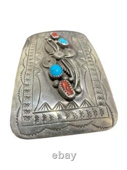 Vintage Sterling Silver Navajo L ELTHE Turquoise and Coral Belt Buckle