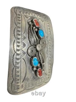 Vintage Sterling Silver Navajo L ELTHE Turquoise and Coral Belt Buckle