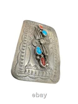 Vintage Sterling Silver Navajo L ELTHE Turquoise and Coral Belt Buckle
