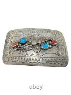 Vintage Sterling Silver Navajo L ELTHE Turquoise and Coral Belt Buckle