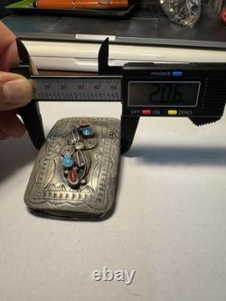 Vintage Sterling Silver Navajo L ELTHE Turquoise and Coral Belt Buckle