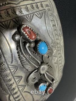 Vintage Sterling Silver Navajo L ELTHE Turquoise and Coral Belt Buckle