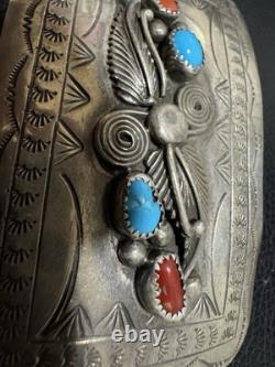 Vintage Sterling Silver Navajo L ELTHE Turquoise and Coral Belt Buckle