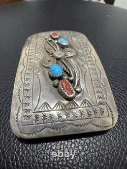 Vintage Sterling Silver Navajo L ELTHE Turquoise and Coral Belt Buckle