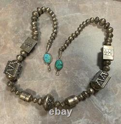 Vintage Tommy Singer Navajo Sterling Bead Statement Necklace withTurquoise Clasp