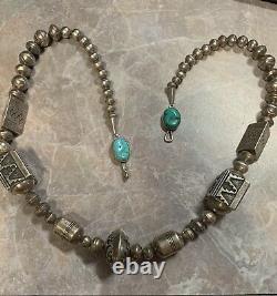 Vintage Tommy Singer Navajo Sterling Bead Statement Necklace withTurquoise Clasp