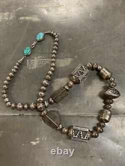 Vintage Tommy Singer Navajo Sterling Bead Statement Necklace withTurquoise Clasp