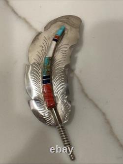 Vintage ZUNI Hair Clip Southwestern Inlaid Gemstone Feather Native American