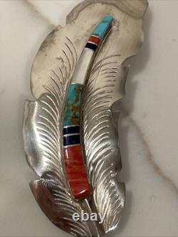 Vintage ZUNI Hair Clip Southwestern Inlaid Gemstone Feather Native American