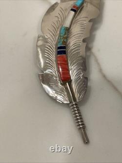 Vintage ZUNI Hair Clip Southwestern Inlaid Gemstone Feather Native American