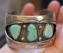 Vintage turquoise & sterling silver cuff bracelet signed LP Navajo shadowbox