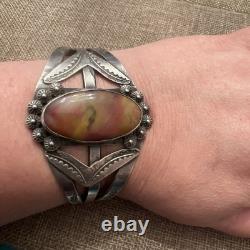 Vtg Fred Harvey Native American Petrified Wood Stamped Cuff Bracelet READ