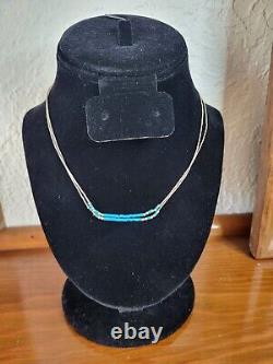 Vtg Liquid Silver Native American Navajo Turquoise 2 Stranded Micro Bead Neclace