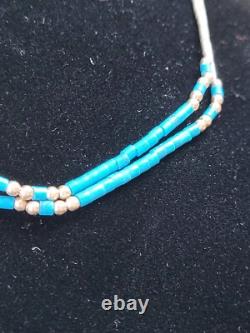 Vtg Liquid Silver Native American Navajo Turquoise 2 Stranded Micro Bead Neclace