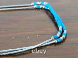 Vtg Liquid Silver Native American Navajo Turquoise 2 Stranded Micro Bead Neclace