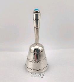 Vtg Native American Navajo Handmade Stamped Sterl Silver Turquoise Hand Bell 4