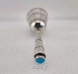 Vtg Native American Navajo Handmade Stamped Sterl Silver Turquoise Hand Bell 4