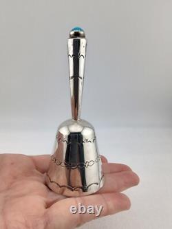Vtg Native American Navajo Handmade Stamped Sterl Silver Turquoise Hand Bell 4