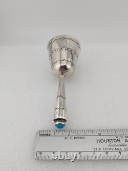 Vtg Native American Navajo Handmade Stamped Sterl Silver Turquoise Hand Bell 4