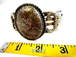 Vtg. Native American Navajo Indian S. S. Cuff Bracelet/Lg Brown-Gray Stone/Steers