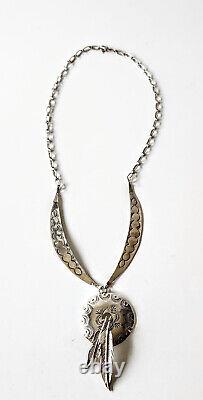Vtg Native American Navajo Sterling Silver Concho Feathers Collar Neclace 17gr