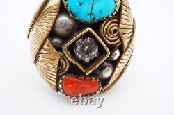 Vtg Native American Navajo Sterling Silver Turquoise Coral Mens Ring Size 10.5