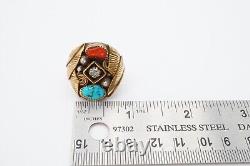 Vtg Native American Navajo Sterling Silver Turquoise Coral Mens Ring Size 10.5