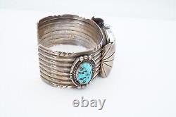 Vtg Native American Navajo Sterling Silver Turquoise Cuff Bracelet Watch Signed