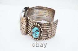 Vtg Native American Navajo Sterling Silver Turquoise Cuff Bracelet Watch Signed