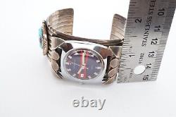 Vtg Native American Navajo Sterling Silver Turquoise Cuff Bracelet Watch Signed