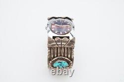 Vtg Native American Navajo Sterling Silver Turquoise Cuff Bracelet Watch Signed