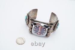 Vtg Native American Navajo Sterling Silver Turquoise Cuff Bracelet Watch Signed