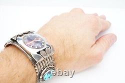 Vtg Native American Navajo Sterling Silver Turquoise Cuff Bracelet Watch Signed