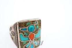Vtg Native American Navajo Sterling Silver Turquoise Thunderbird Ring Size 12.5