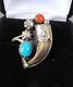 Vtg. Native American Navajo Sterling Turquoise Coral Claw Ring Signed Bh