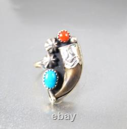 Vtg. Native American Navajo Sterling Turquoise Coral Claw Ring Signed BH